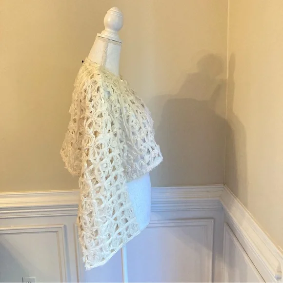 ZARA Cream Open Knit Chiffon Rosette Rose Floral Cropped Jacket Bolero NWT - Picture 3 of 11